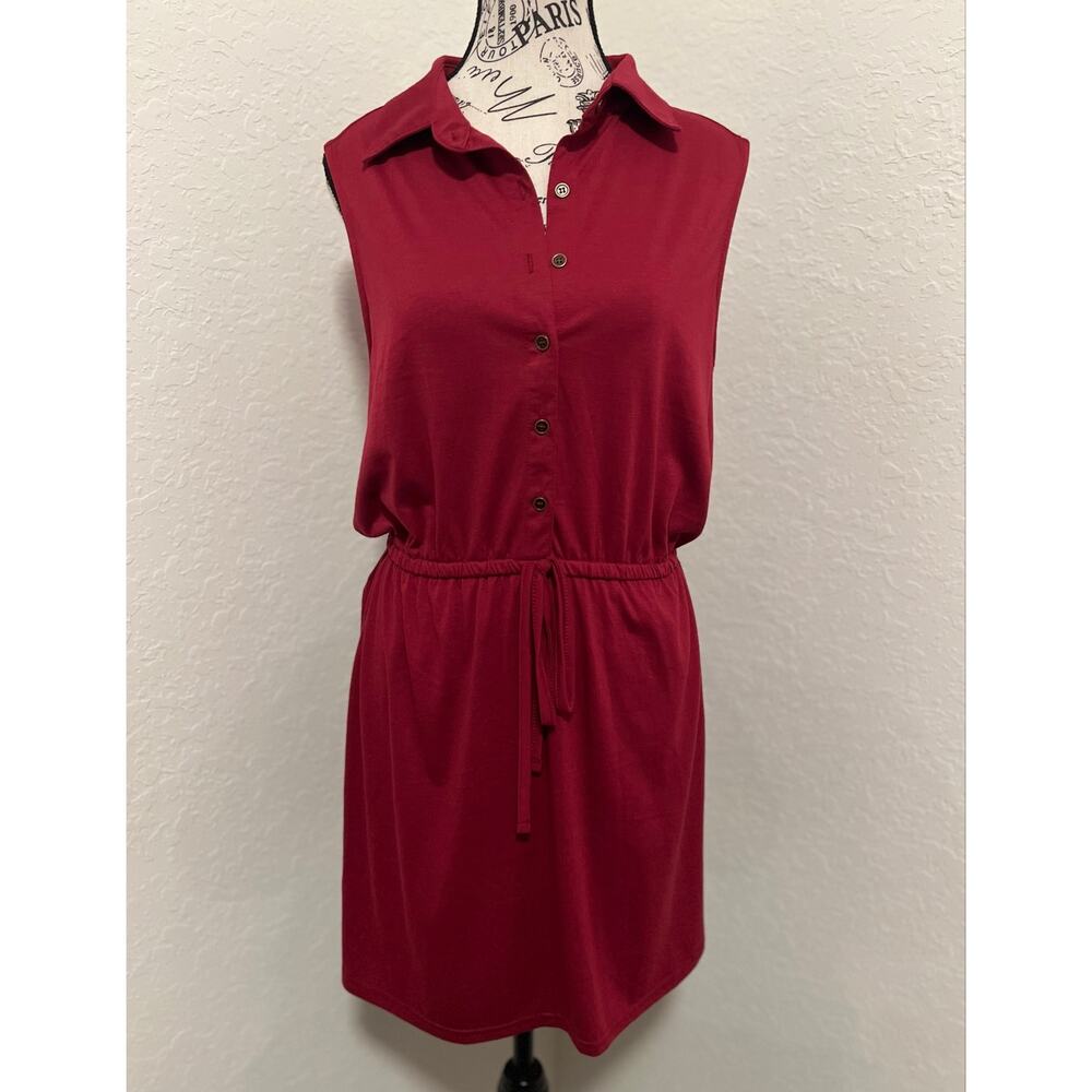 Sleeveless Shirt Dress LG Cinched Waist Collared Neckline Partial Button Front